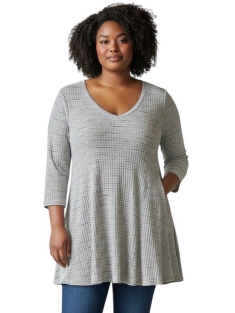 Avenue Gray with Stripes 3/4 Sleeves V Neckline Textured Peplum Blouse 14/16